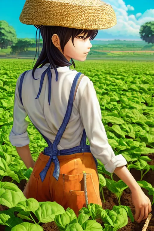 Image similar to mandragora farmer girl working on the sunny day, wearing a suspender and straw hat, artgerm, artstation, art by hiroaki samura and jiro matsumoto and yusuke murata, fantasy, box office hit, movie poster, unreal engine, octane render, sharp focus, high quality, highly detailed 8 k