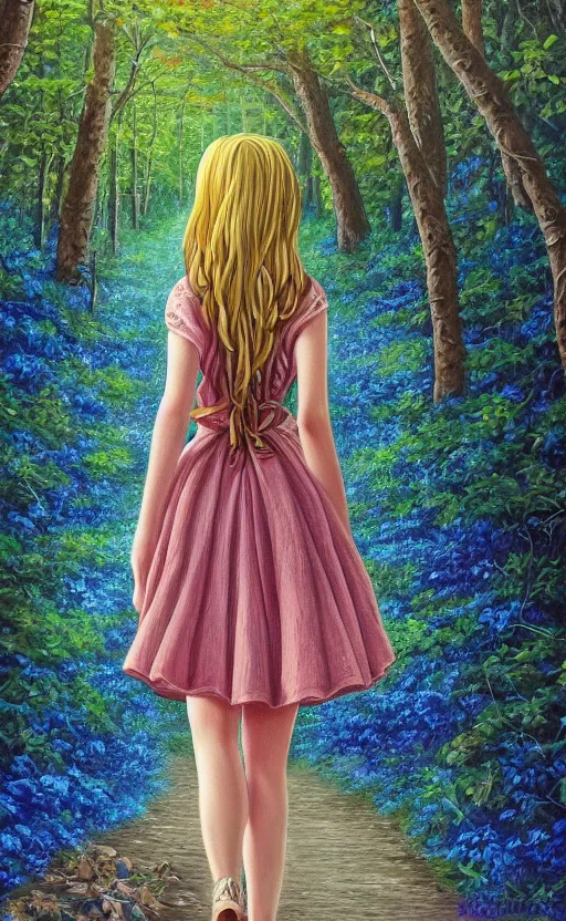 Prompt: a beautiful detailed intricate photorealistic painting of a young blond girl in a blue dress woman walking through a forest. fairy tail. vibrant. beautiful. photorealistic. hd. hq. trending on arstation.