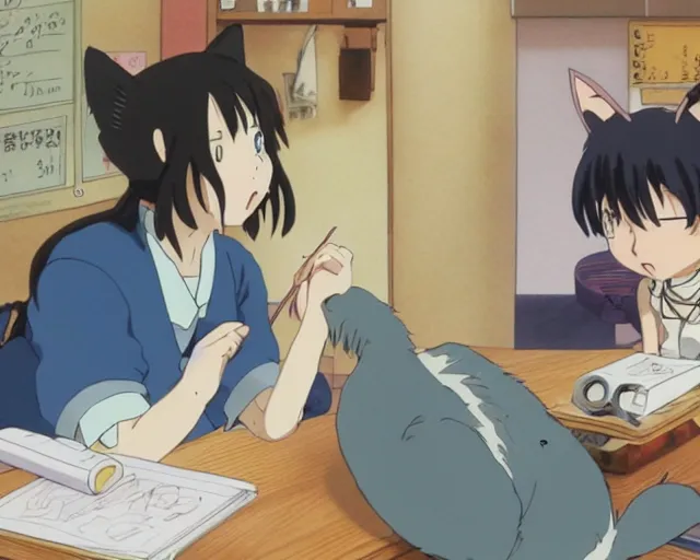 Prompt: anime fine details portrait of a catgirl tutoring the cat anatomy at class. anime masterpiece by studio ghibli. 8 k, sharp high quality classic anime from 1 9 9 0 in style of hayao miyazaki