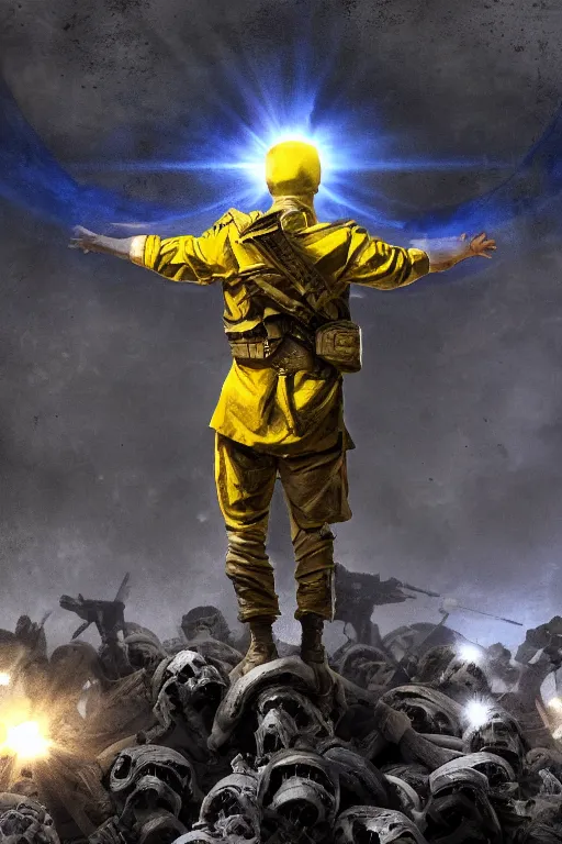 Prompt: A distant front view shot of a soldier with blue and yellow flag in his hand while he is standing on a huge pile of skulls in triumph after the battle, head is up, flag in hands up, dark atmosphere, nuclear war, bright rays of light, beams of light, intricate, volumetric lighting, volumetric lights, highly detailed, smooth, artstation, concept art, сinematic lighting, insanely detailed, smooth, sharp focus, Artstation, 8k, unreal engine, hyper realistic, steampunk style, bright background, moonlight, volumetric lighting, wallpaper, digital illustration by Ruan Jia and Mandy Jurgens and Artgerm and Wayne Barlowe and Greg Rutkowski and Frank Frazetta