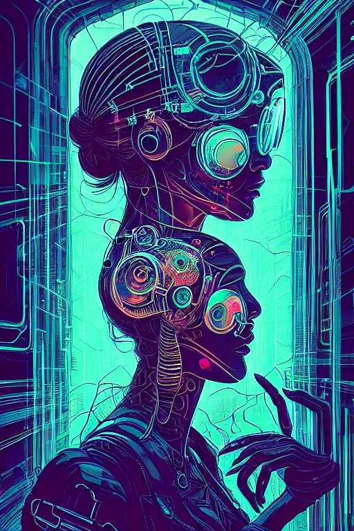 Image similar to dreamy cyberpunk girl, abstract mirrors, digital nodes, beautiful woman, detailed acrylic, grunge, intricate complexity, by dan mumford and by alexandros pyromallis intaglio