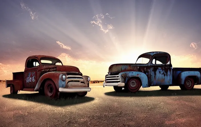 Prompt: A blinding backlight summer sunset landscape with historical route66 with abandoned gas station and a single old rusty pickup-truck. the summer light dimly illuminates, diffuse light, octane render, lots of sparkling details and sun ray’s, blinding backlight, smoke, volumetric lighting, 35 mm, beautiful reflections, heavenly, softlight