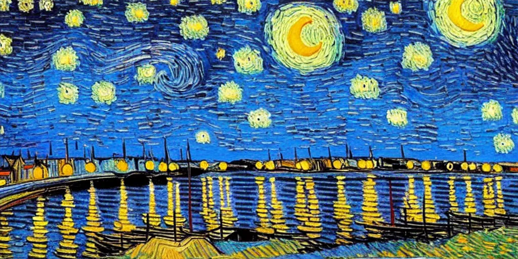 Image similar to a painting of the city of Rostock in the style of Vincent van Gogh, starry night, blue and yellow