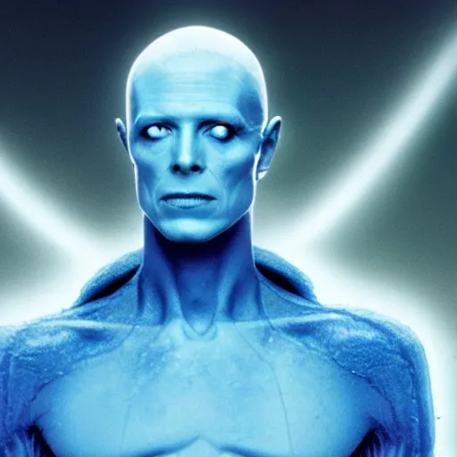 Prompt: film still of David Bowie as Dr. Manhattan in Watchmen, 4k