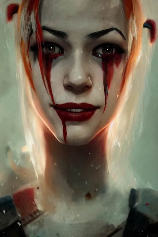 Image similar to a portrait of Harley Quinn by Greg Rutkowski, Sung Choi, Mitchell Mohrhauser, Maciej Kuciara, Johnson Ting, Maxim Verehin, Peter Konig, final fantasy , mythical, 8k photorealistic, cinematic lighting, HD, high details, atmospheric,