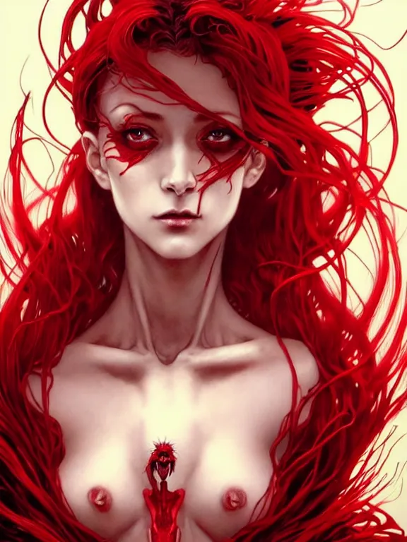 Image similar to close up picture of a red witch with exoskeleton, bored, coveted, beautiful and aesthetic, intricate, unreal engine, messy hair, highly detailed, detailed face, smooth, sharp focus, chiaroscuro, manga illustration, artgerm, greg rutkowski, ilya kuvshinov, rossdraws, alphonse mucha, young adult light novel cover art