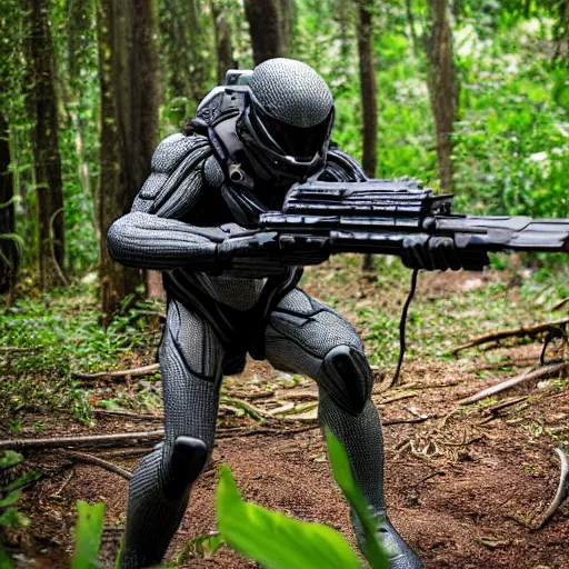 Image similar to close up Crysis Nanosuit shooting at enemies in a devastated burning exploding jungle combat photography 2022, Canon EOS R3, f/1.4, ISO 200, 1/160s, 8K, RAW, unedited, in-frame,