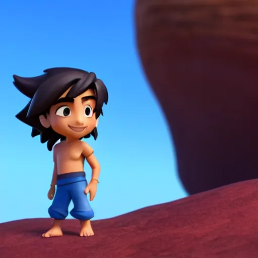 Image similar to profile view of young aladdin as nendoroid walking in a desert in the croods movie style, anime, disney, pixar, 8 k, hd, dof, kodak film, volumetric lighting, subsurface scattering, photorealistic, octane render, details