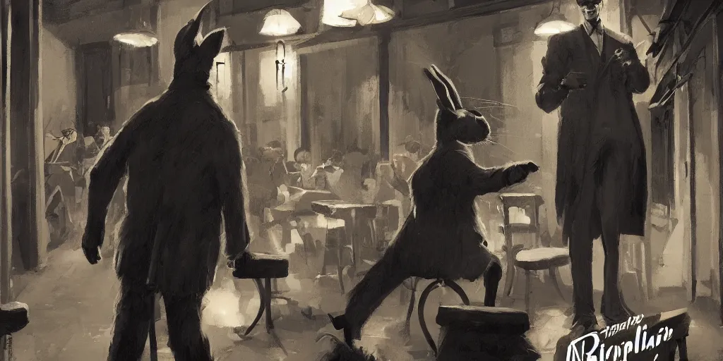 Prompt: a biped rabbit enters into a 4 0 s jazz club, warm color palette, night time, dramatic lighting, noir film, character sheet, fine details, high contrast, blacksad, kim jung gi, greg rutkowski, trending on artstation, 8 k, front view, back view, ultra wide angle