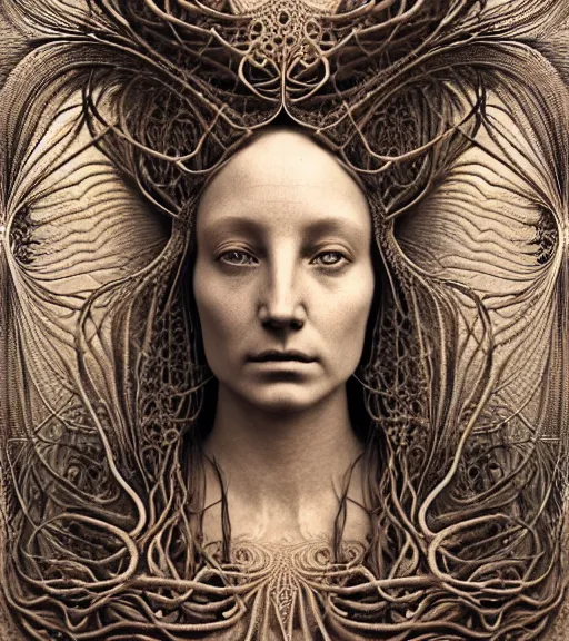 Prompt: detailed realistic beautiful desert goddess face portrait by jean delville, gustave dore, iris van herpen and marco mazzoni, art forms of nature by ernst haeckel, art nouveau, symbolist, visionary, gothic, neo - gothic, pre - raphaelite, fractal lace, intricate alien botanicals, ai biodiversity, surreality, hyperdetailed ultrasharp octane render