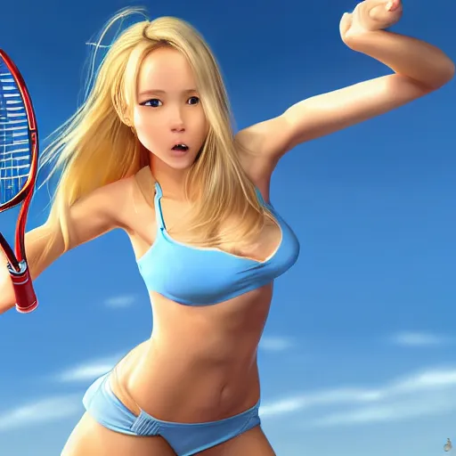 Prompt: a very beautiful young tennis player yuuki asuna, full body, long wavy blond hair, sky blue eyes, full round face, bikini, miniskirt, front view, mid - shot, highly detailed, cinematic wallpaper by stanley artgerm lau