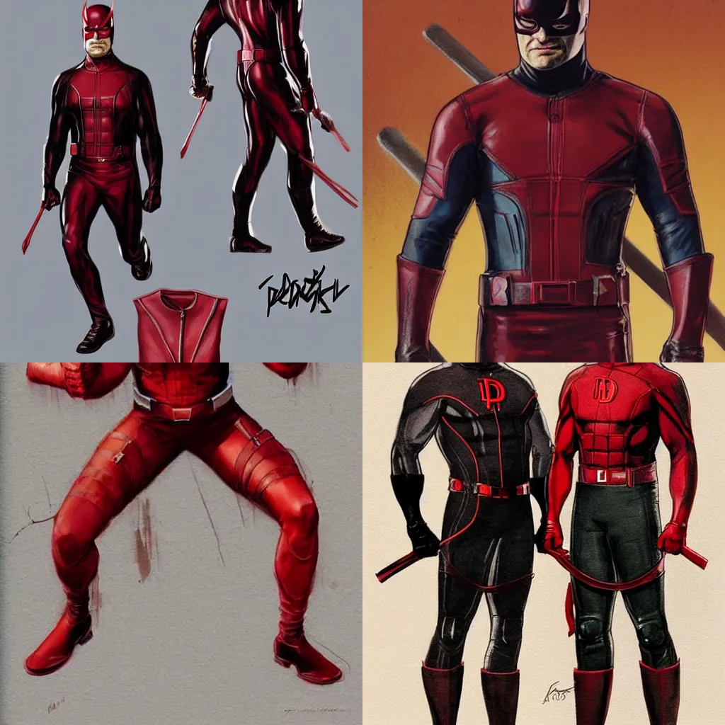 Image similar to daredevil concept art leather suit billy stick painted by jc leyendecker