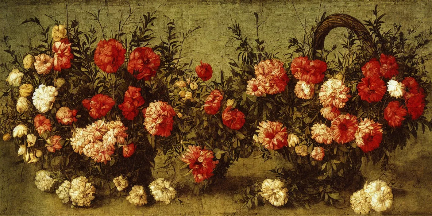 Prompt: basket of flowers, oil painting by leonardo da vinci