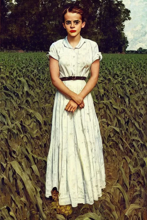 Image similar to Emma Watson in a corn field 1950s portrait by Norman Rockwell