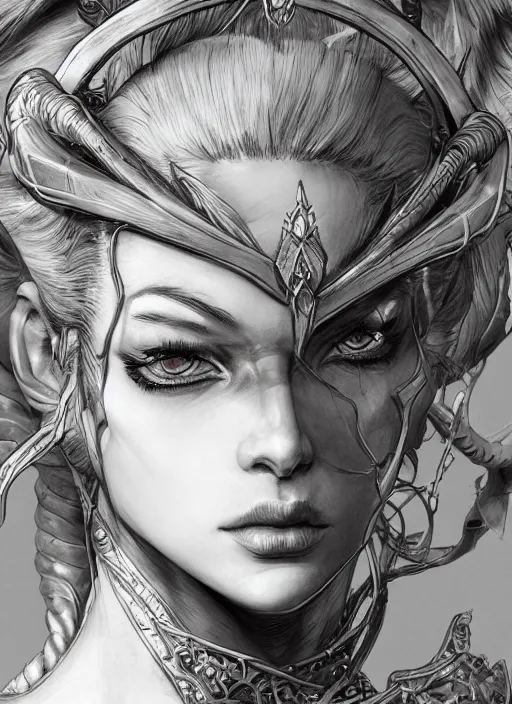 Image similar to close up portrait of a beautiful draenei, powerful, domineering, stoic, masterful, intense, ultrafine hyperdetailed illustration by kim jung gi, irakli nadar, intricate linework, sharp focus, octopath traveler, yoji shinkawa, highly rendered, detailed, concept art