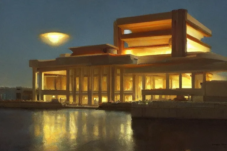 Image similar to night light as day trending on artstation building by frank lloyd wright painting by james gurney by trending on artstation matte painting,