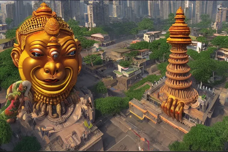 Image similar to high quality 3 d dreamscape! mumbai with biomorphic hanuman!! head building, kalighat highly detailed, unreal engine cinematic smooth, stephen shore & john j. park, soft morning light, wide shot, high angle, uhd 8 k, deep focus