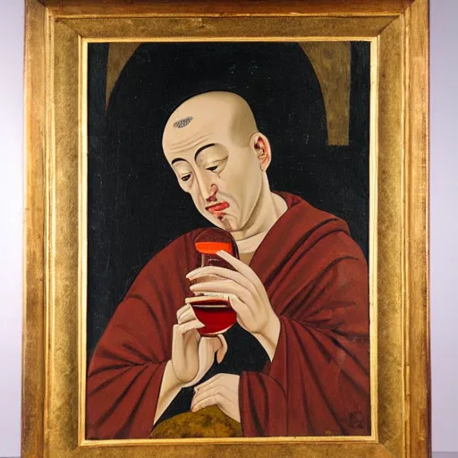Prompt: painting of a monk drinking wine in the style of Eduard Von Grutzner