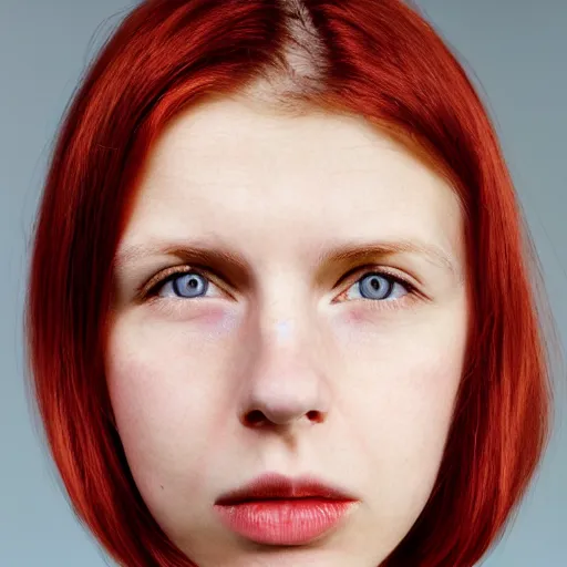 Image similar to face portrait, white woman, 22 years old, thin, center parting straight red hair, snub nose, small lips, studio photography by Annie Leibovitz, f/8