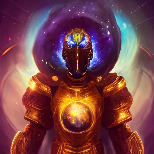 Image similar to photorealistic fantasy cosmic concept art of a cosmic god with armor made out of planets and dark matter, hovering in a unknown galaxy, fully body portrait, cinematic, dynamic lighting, ultra detailed, creative, trending on art station, stunning visuals, creative