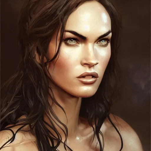 Image similar to portrait of megan fox, muscular upper body, fantasy, intricate, elegant, highly detailed, digital painting, artstation, concept art, matte, sharp focus, illustration, art by aenaluck and roberto ferri and greg rutkowski, epic fantasy, digital painting