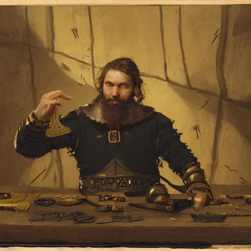 Prompt: Portrait of frustrated and acerbic male medieval sergeant with a short beard wearing a {black and yellow tabard} over a steel breastplate and a black gambeson looking at a war map on a table, by Greg Rutkowski, {perfect face}, {perfect eyes}, fantasy
