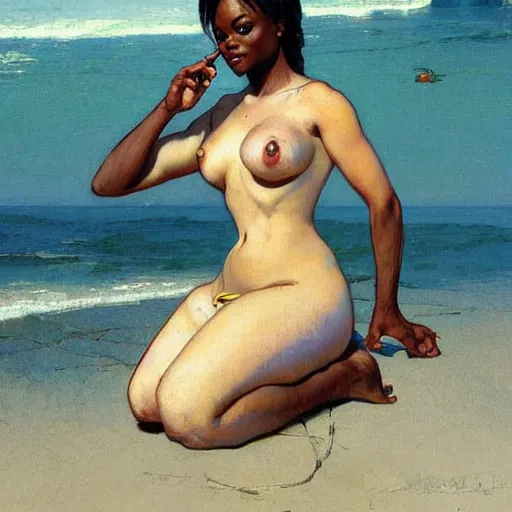 Image similar to jada fire at the beach. Renowned character illustration by greg rutkowski, thomas kindkade, alphonse mucha, loish, norman rockwell. Trending on artstation.