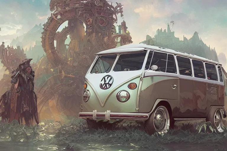 Image similar to VW surf bus, fantasy, elegant, intricate, highly detailed, digital painting, artstation, concept art, sharp focus, illustration, art by artgerm and greg rutkowski and alphonse mucha