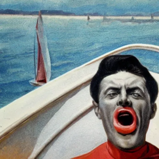 Image similar to tarman on a sailboat with mouth open wide