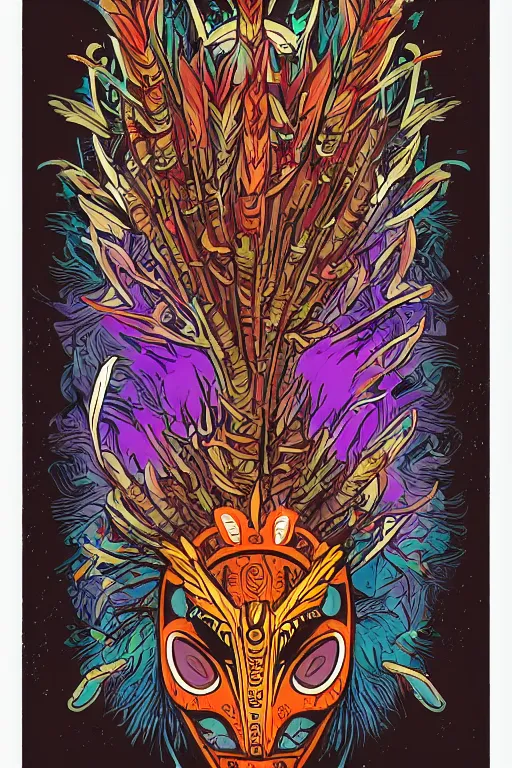 Image similar to animal mask totem roots flower tribal feather gemstone plant wood rock shaman vodoo video game vector cutout illustration vivid multicolor borderlands comics by josan gonzales and dan mumford radiating a glowing aura