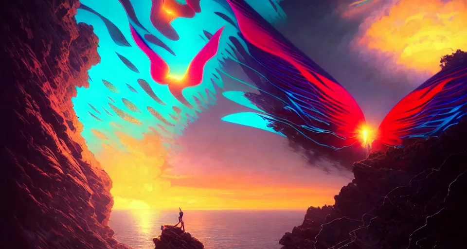 Prompt: psychedelic tron wings in front mind bending sunset, cliffside ocean scene, backlit, aesthetic, surreal, diffuse lighting, hyper realistic, elegant, intricate, hyper detailed, smooth, sharp focus, concept art, illustration, trending on artstation, art by artem demura, greg rutkowski, james gurney, and alphonse mucha