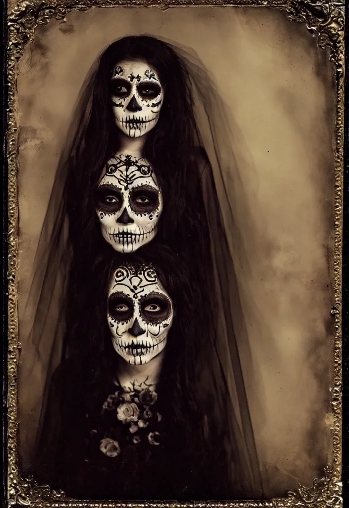 Image similar to tintype full body view, veiled dia de muertos dress and make up, horrific beautiful vibe, evocative, atmospheric lighting, painted, intricate, highly detailed,