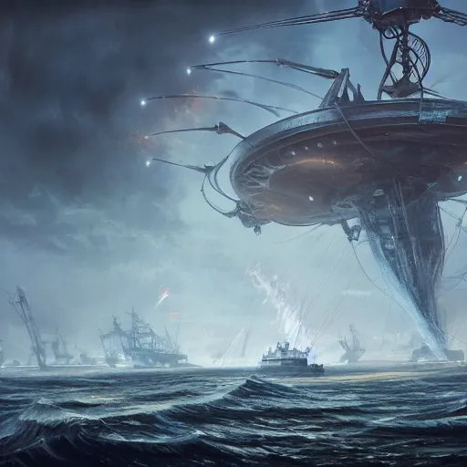 Prompt: war of the worlds ship at sea , highly detailed, illustration, fantasy art, in the style of greg rutkowski, epic, fantasy, intricate, hyper detailed, artstation, concept art, smooth, sharp focus, ray tracing