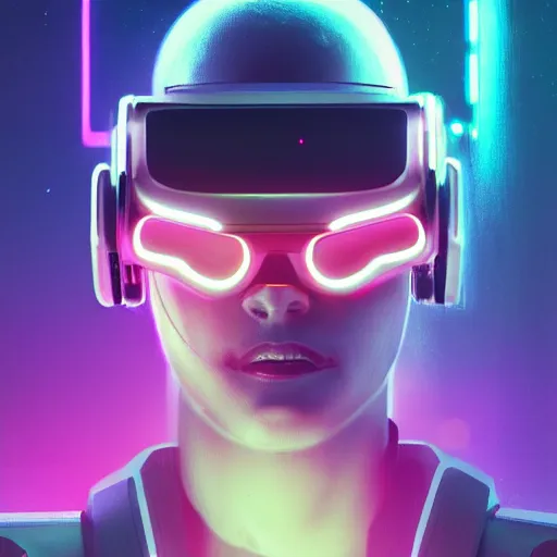 Image similar to cyberpunk concept bot, cinema 4 d, galaxy space sci - fi, wearing vr goggles, illustration, portrait, pastel neon textured background night, trending on artstation, greg rutkowski, octane rendered, 1 2 k, detailed,