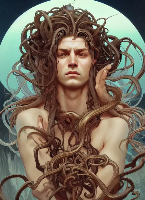 Image similar to male medusa, highly detailed, digital painting, artstation, concept art, smooth, sharp focus, illustration, art by artgerm and greg rutkowski and alphonse mucha