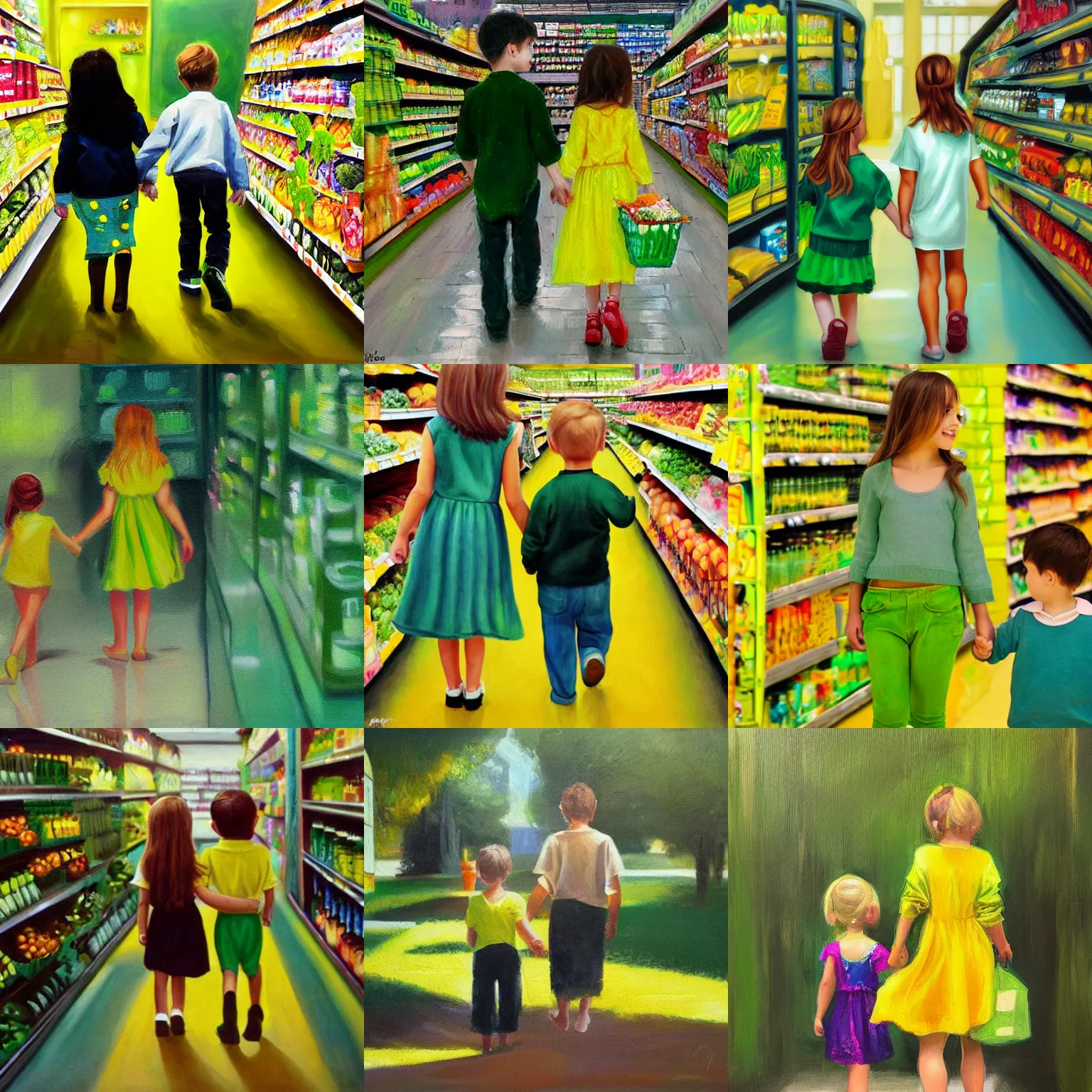 Prompt: a girl and younger brother walking hand in hand through a supermarket, yellow and green, dreamy, fantasy, oil painting