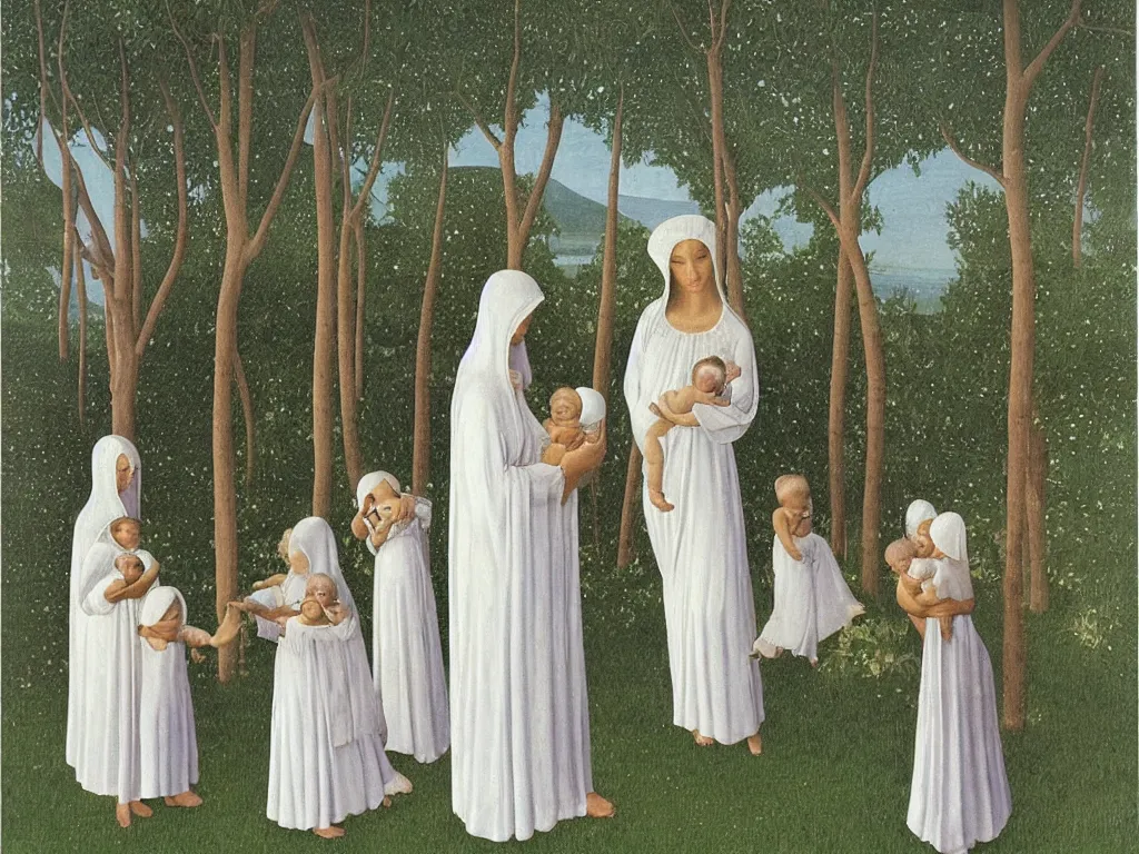 Prompt: Woman dressed in white with six babies. Iris flower in a vase, garden outside with Cypresses. Painting by Alex Colville, Fra Angelico.