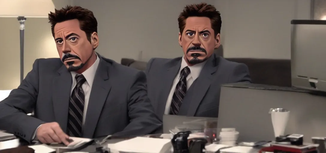 Image similar to a very high resolution image of tony stark. from an episode of the office with micheal scott. photorealistic, photography