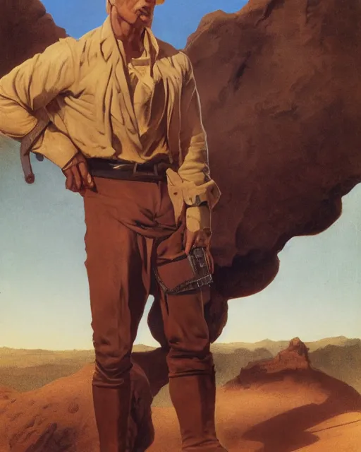 Image similar to doc savage in the desert wearing jodhpers and knee high boots, fantasy character portrait, ultra realistic, concept art, intricate details, highly detailed by soft light, volumetric light, misty, william adolphe bouguereau, munch, maxfield parrish, james bama, and frank frazetta
