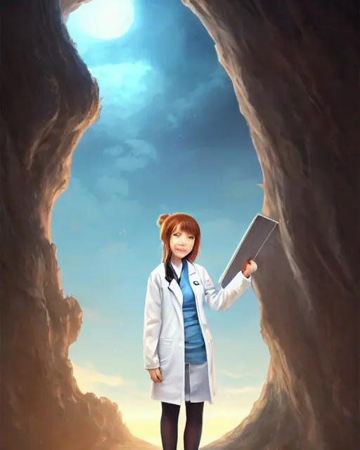 Prompt: concept art of a girl scientist hold a clipboard, wearing a tight labcoat, standing infront of a large window with an alien landscape in the distance | | cute - fine - fine details by stanley artgerm lau, wlop, rossdraws, james jean, andrei riabovitchev, marc simonetti, and sakimichan, trending on artstation