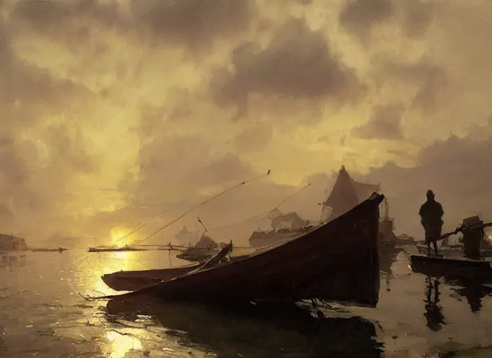 Image similar to oil painting of fishing village in dawn by anders zorn, wonderful art by greg rutkowski, incredible lighting, shadows, beautiful cinematic light