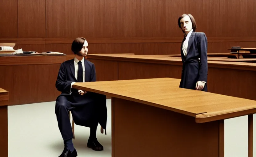 Prompt: a beautiful a man in a skirt in a courtroom, no blur, 4 k resolution, ultra detailed by william eggleston and james jean