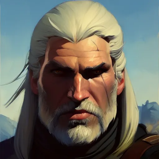 Image similar to Greg Manchess portrait painting of Geralt of Riva as Overwatch character, medium shot, asymmetrical, profile picture, Organic Painting, sunny day, Matte Painting, bold shapes, hard edges, street art, trending on artstation, by Huang Guangjian and Gil Elvgren and Sachin Teng