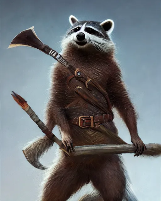 Image similar to oil painting of Anthropomorphized Racoon, holding spear, wearing hunter coat, proud look, full body, sharp focus, fantasy style, octane render, volumetric lighting, 8k high definition, by greg rutkowski, highly detailed, trending on art Station, magic the gathering artwork, woodland backround