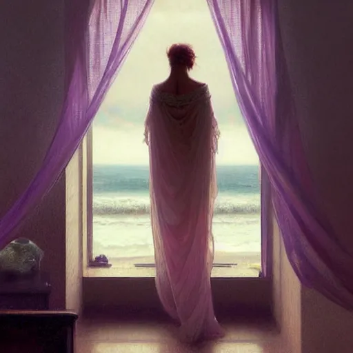 Image similar to A woman looking out to sea from her bedroom, dreamlike scene, high angle shot, dark mood, purple hues, soft lighting, fantasy, intricate, elegant, highly detailed, digital painting, artstation, concept art, smooth, sharp focus, illustration, art by Krenz Cushart and Artem Demura and alphonse mucha