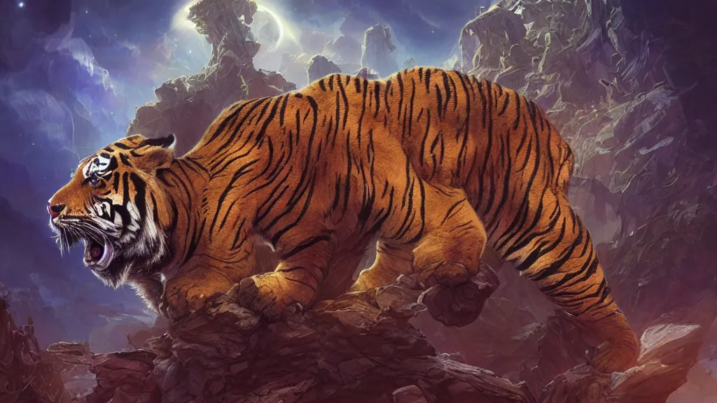 Image similar to cosmic tiger, tiger, dark, alfonso mucha, michael whelan, dalle 2, hd, intricate details, cinematic, realistic, concept artbook, artstation, video game, digital painting, digital art, unreal engine, environment, sharp, high detailed 8 k