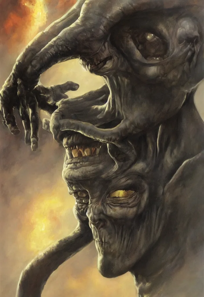 Prompt: ultra realistic portrait painting of the gray alien leader in military captivity from zeta reticuli, art by frank frazetta, 4 k, ultra realistic, highly detailed, epic lighting