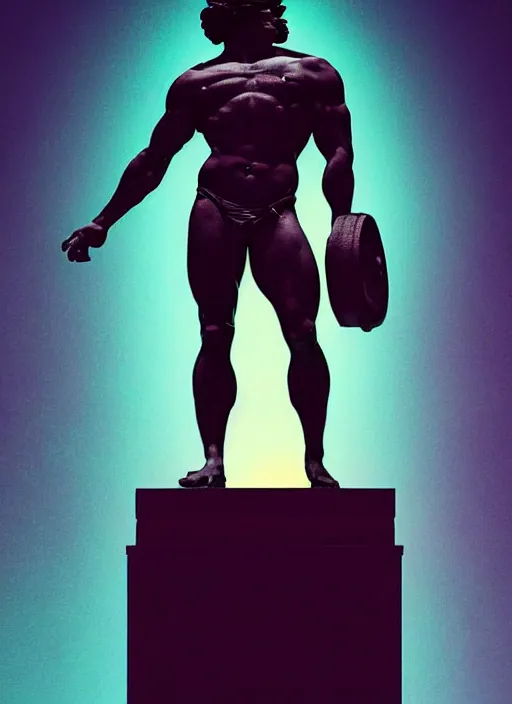 Prompt: statue of hercules, heroic, beeple, vaporwave, retrowave, black background, neon wiring, black, glitch, strong contrast, cuts, pinterest, trending on artstation