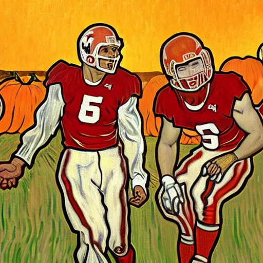 Image similar to painting of arkansas razorbacks players at the halloween jack o'lantern party, elegant, clear, painting, stylized, delicate, soft facial features, art, art by alphonse mucha, vincent van gogh, egon schiele