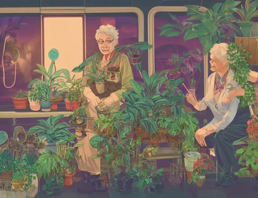 Image similar to elderly lesbian multiracial couple in steampunk vaporwave train with potted plants. complementary colors, gouache, indie concept art, bloom, chiaroscuro, backlighting, intricate details.